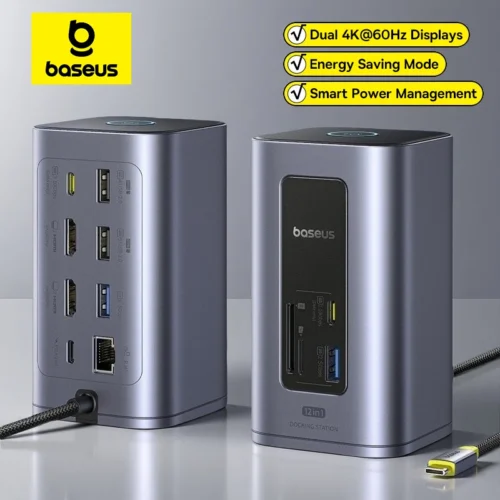 Baseus 12-in-1 USB C HUB to HDMI 4K@60Hz Dual Display USB 3.2 Adapter with RJ45 SD TF PD 100W Docking Station for Window Mac Hub