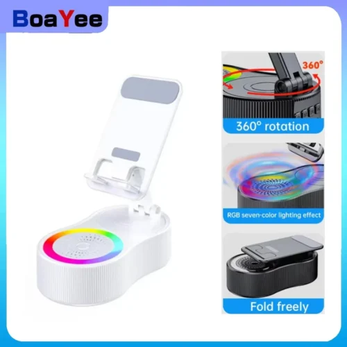 Bluetooth Speaker Phone Holder with Color Ambient Light 300° Foldable Wireless Induction Audio for Tablet iPhone Android